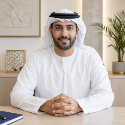 Arabic-speaking professional smiling at a desk