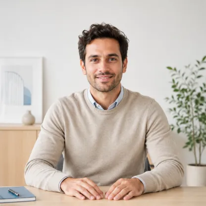 French-speaking professional smiling at a desk