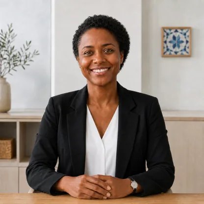 Portuguese-speaking professional smiling at a desk