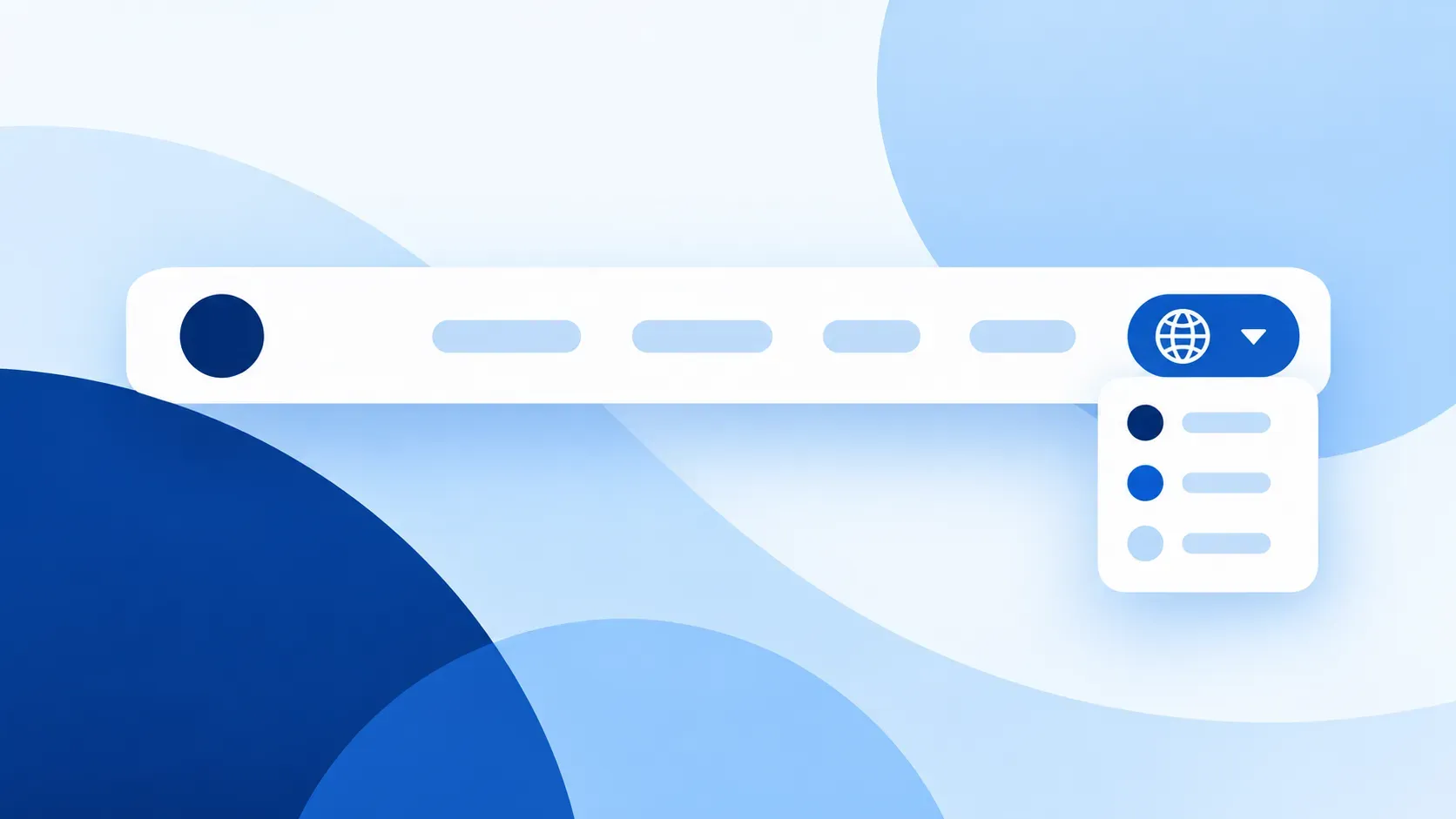 Minimal blue illustration of a website navigation bar with a globe language selector and dropdown.