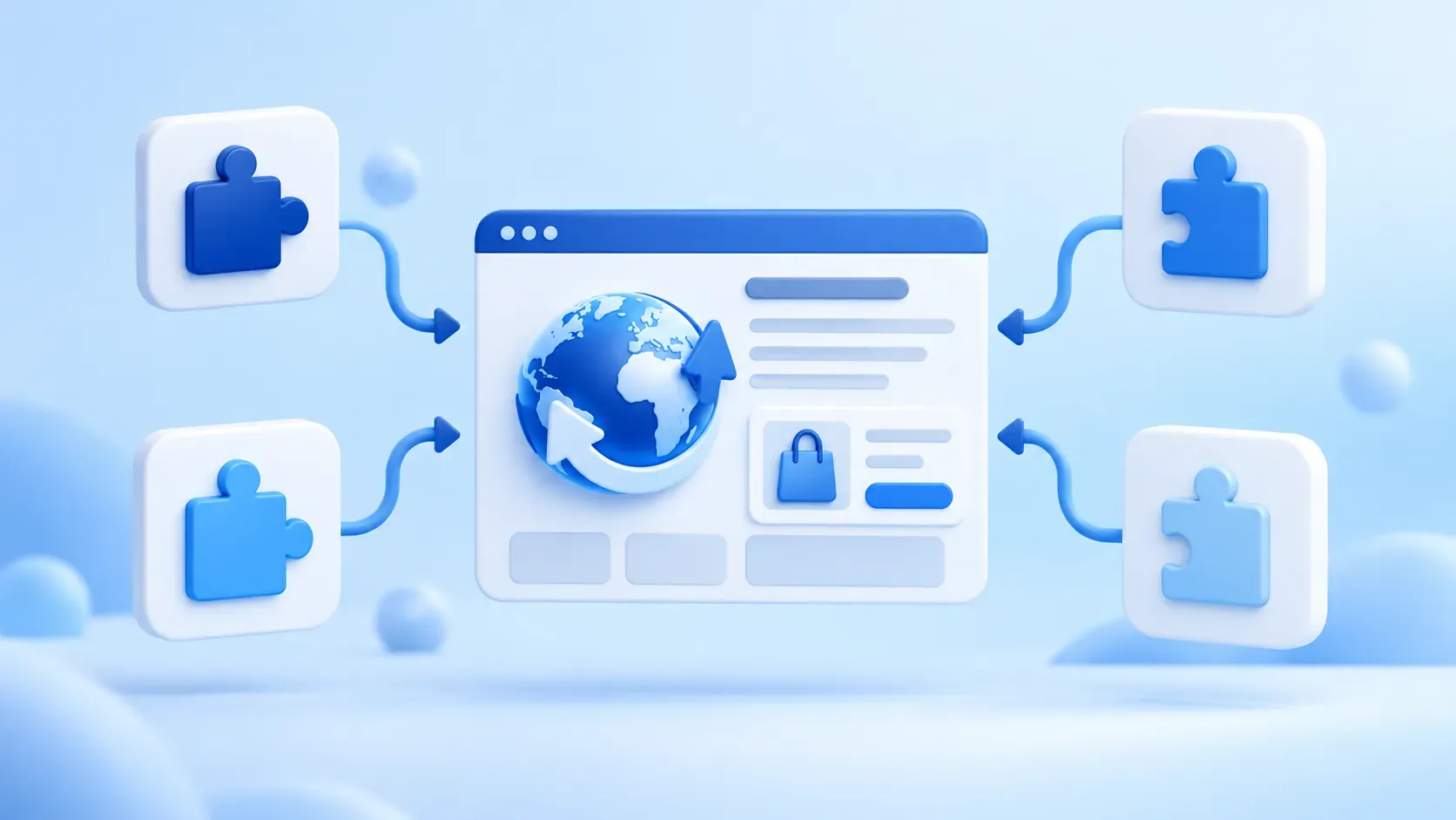 Blue illustration of four plugin modules connecting to an automatically translated ecommerce website.