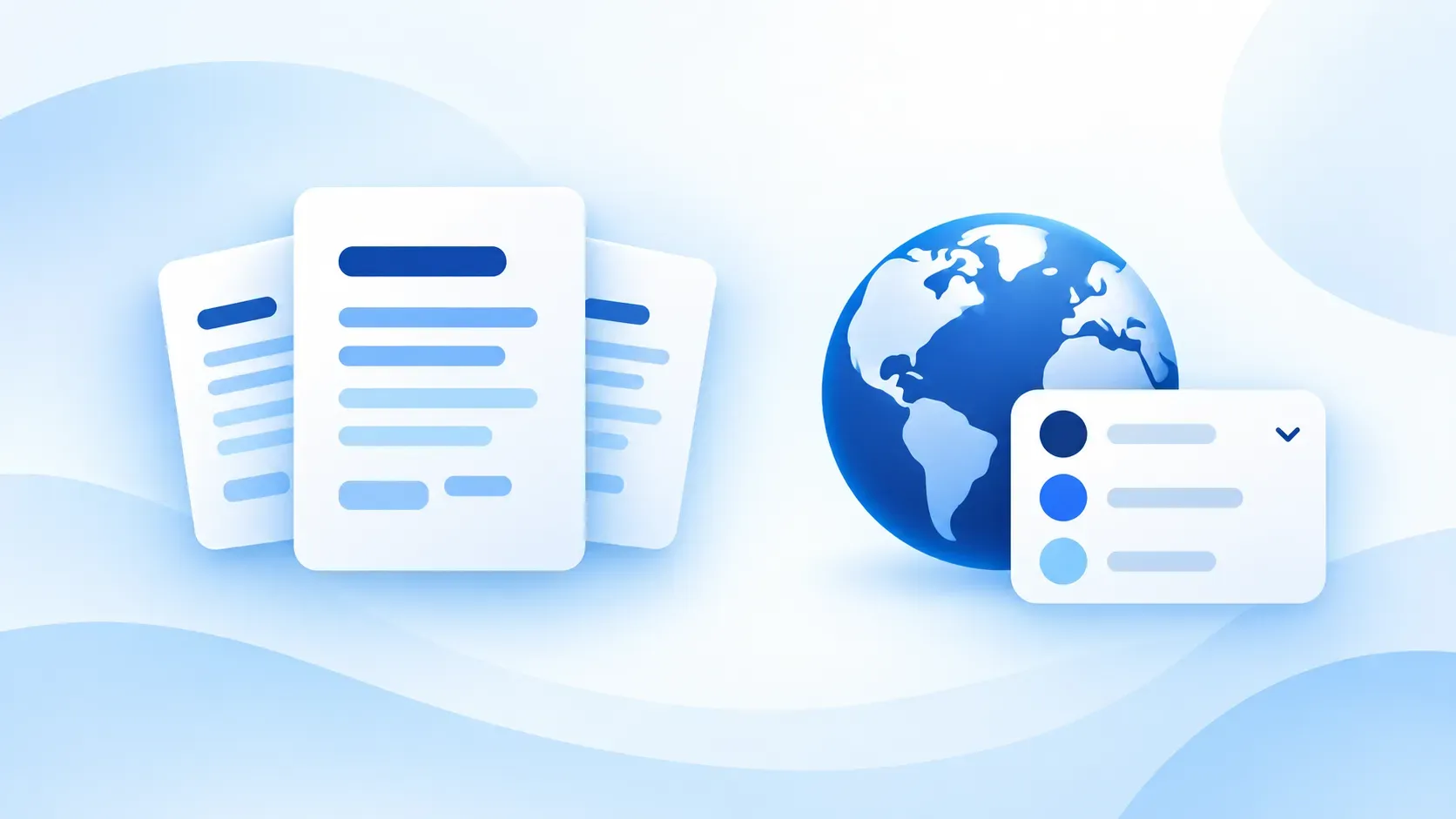 Blue illustration separating WordPress translation documents from a visitor-facing language selector.