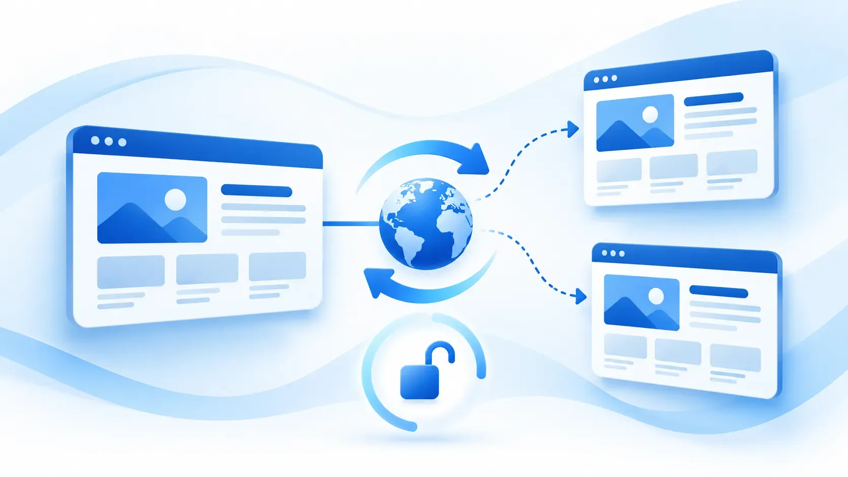 Blue illustration of one website branching into two translated language versions through a globe.