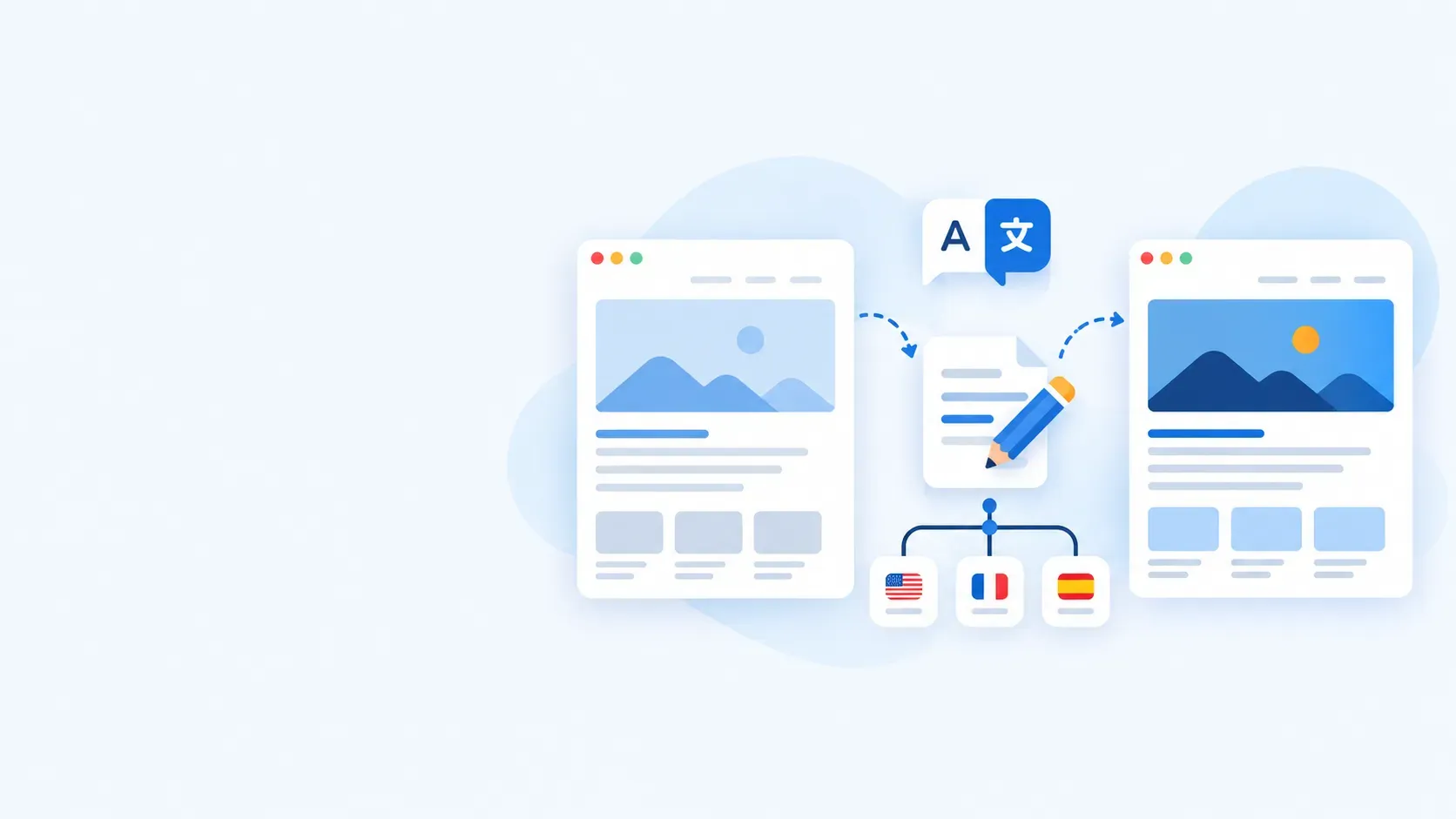 A web page translated by hand into English, French and Spanish versions