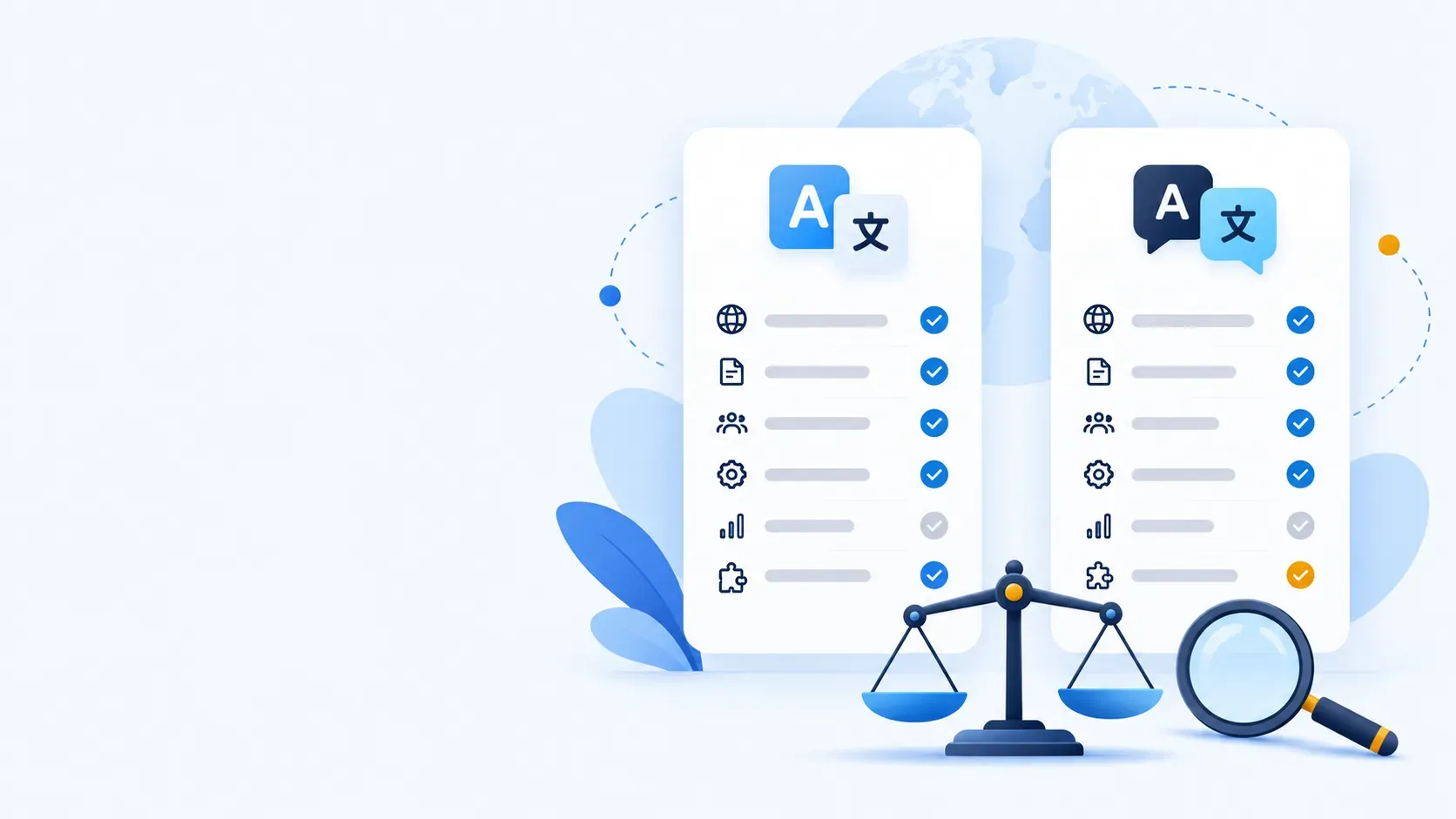 Two multilingual plugin feature lists weighed on a scale